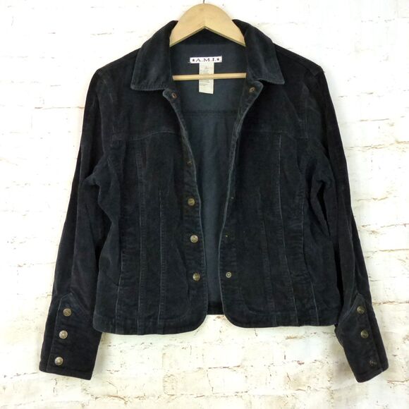 A.M.I. Jacket Women S Black Corduroy Button Stretch Cotton Long Sleeve Retro Y2K - Picture 3 of 11